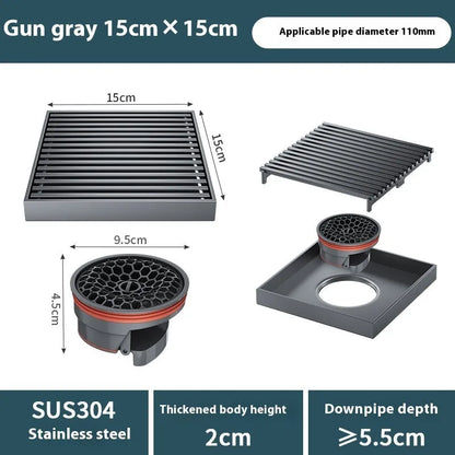 304 stainless steel courtyard deodorant floor drain with 15x15cm gun grey ABS plastic core