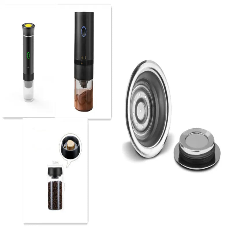 Portable 3-in-1 espresso machine in black showing ground coffee and capsule compartments with USB cable