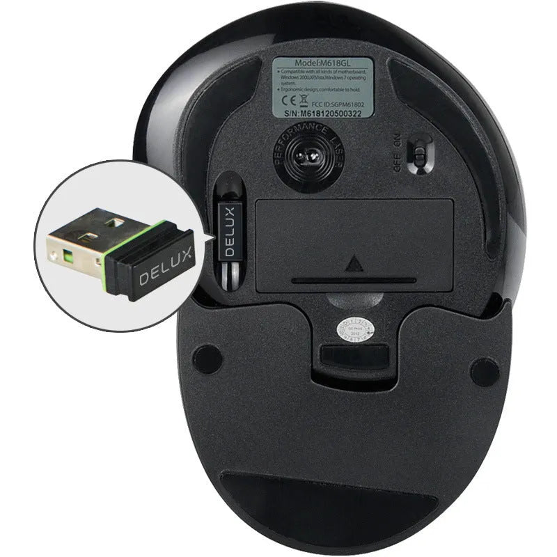 M 618 wireless vertical mouse in black showing 57-degree tilt angle and three-button design with scroll wheel
