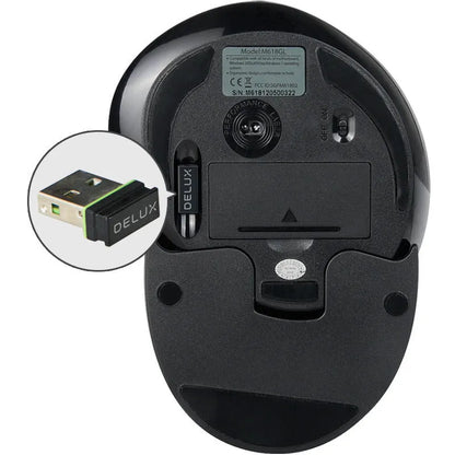 M 618 wireless vertical mouse in black showing 57-degree tilt angle and three-button design with scroll wheel