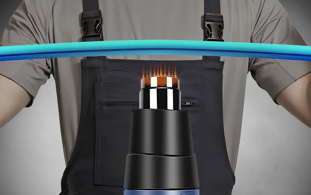 Industrial heat gun with temperature dial showing 300-500°C range, measuring 260mm long with gun mouth attachment