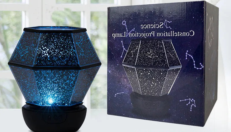 Children's rotating star night light projecting coloured starlight patterns on a bedroom wall.