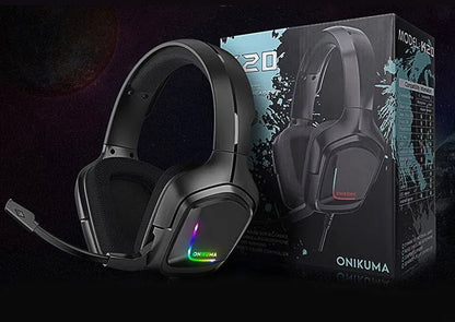 K20 RGB luminous wired gaming headset with cloth earmuffs and braided cable in black, grey, or white.