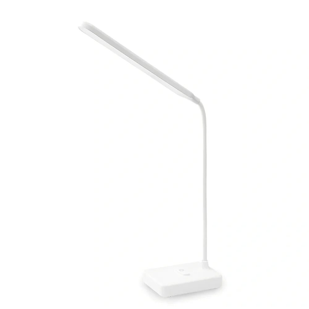 White LED desk lamp with adjustable arm and touch controls showing three colour temperature options