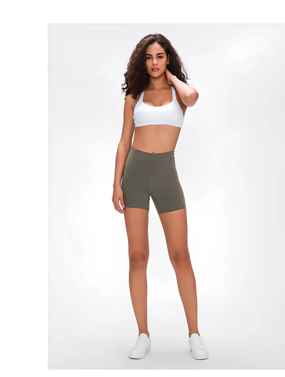 Women's high-waisted nylon fitness shorts with hip-lifting design in six colours for yoga and dance