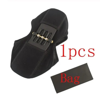 Adjustable spring knee brace for sports support in black, shown with straps.