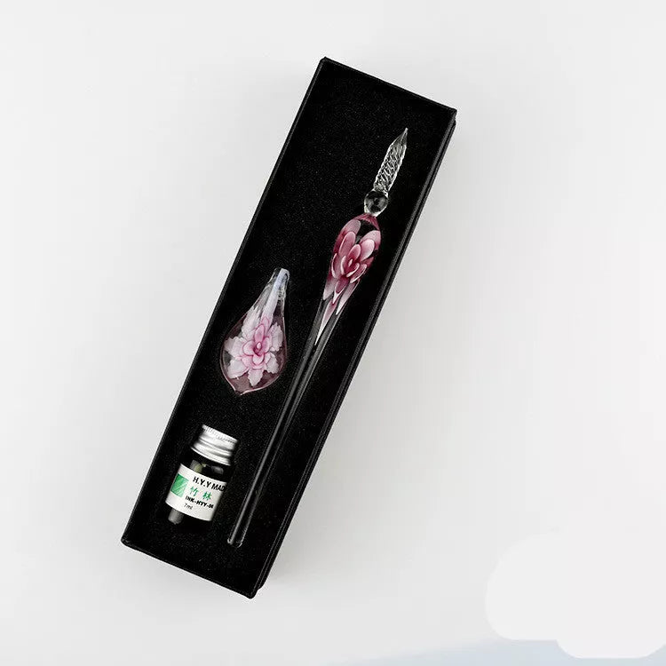 Crystal Flower Glass Dip Pen Set with elegant floral design and smooth writing nib