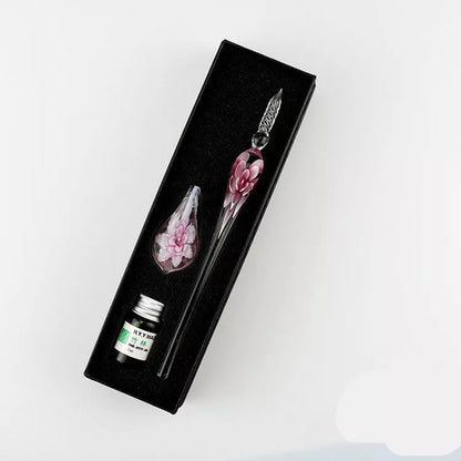 Crystal Flower Glass Dip Pen Set with elegant floral design and smooth writing nib