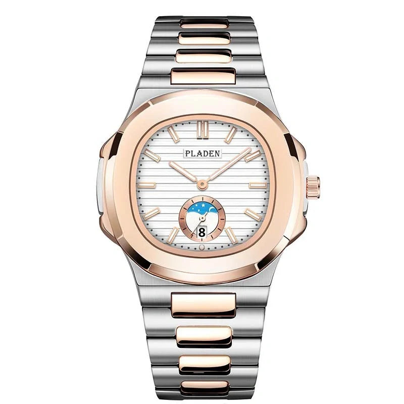 Men's stylish waterproof quartz watch with luminous display and stainless steel strap