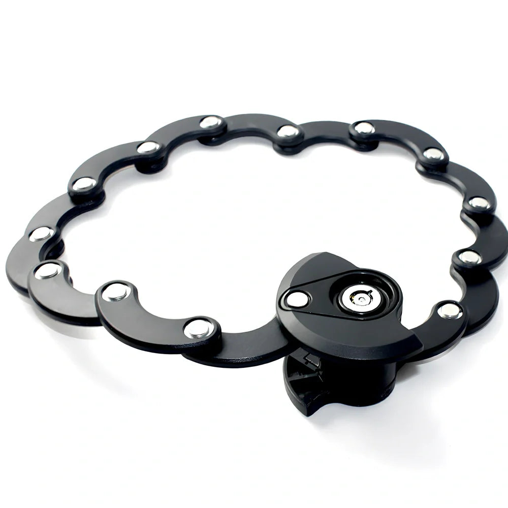 Black folding bicycle anti-theft chain lock, 585mm length with zinc alloy body and 3mm steel joints for secure bike protection