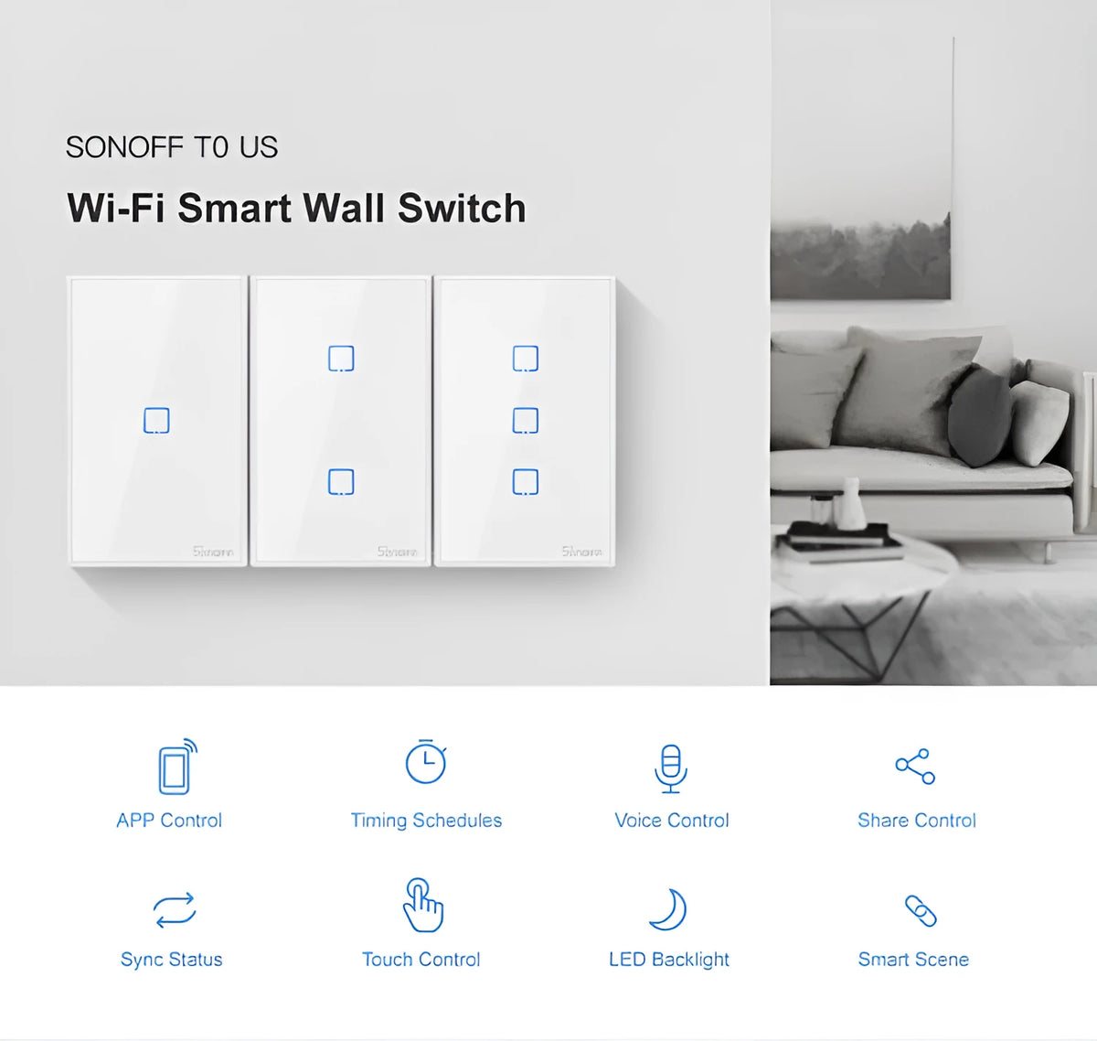 Smart wall switch with tempered glass panel, touch control, 220-250V 10A, 120mm mounting hole distance