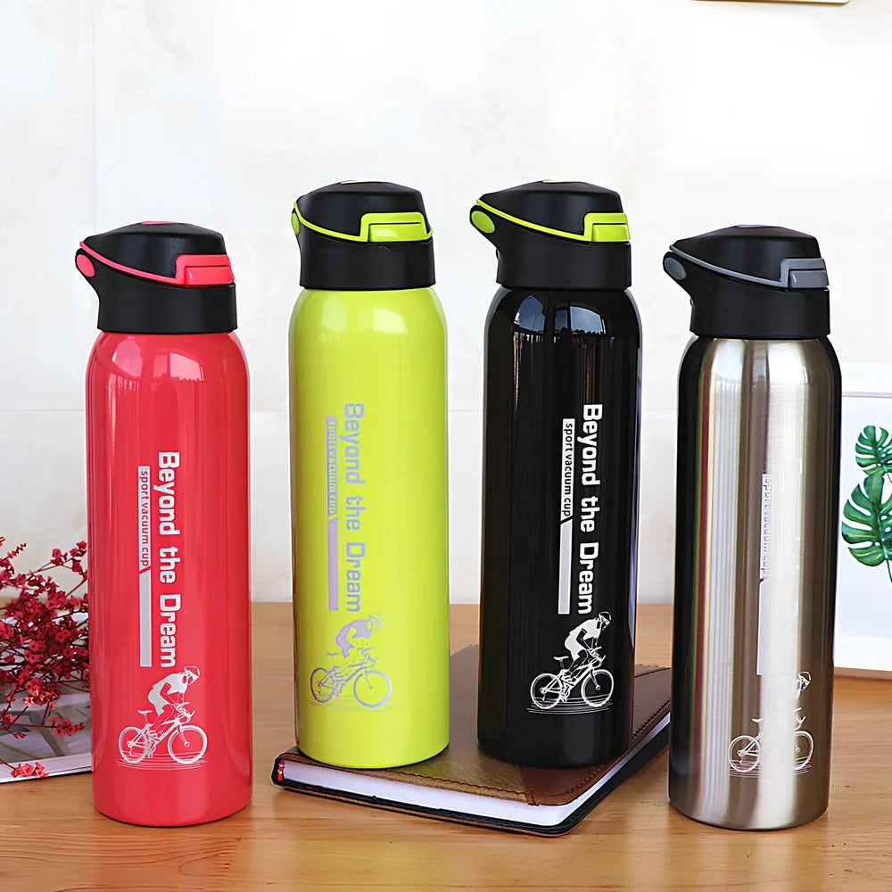 500ml stainless steel sport thermos water bottle in pink, black, green, and silver colours showing straight-cut design