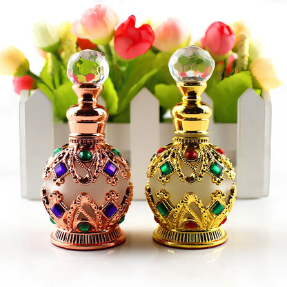 Arabic style glass perfume bottle with zinc alloy hardware and metal crystal accessories