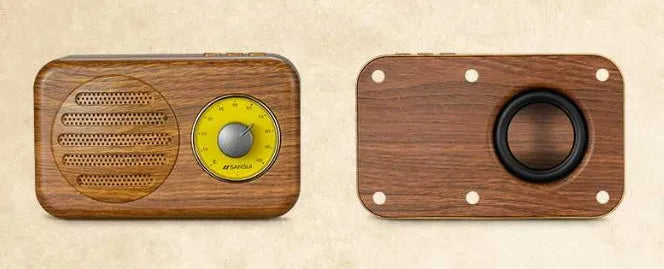 Portable Bluetooth wireless speaker with FM radio in wood grain finish