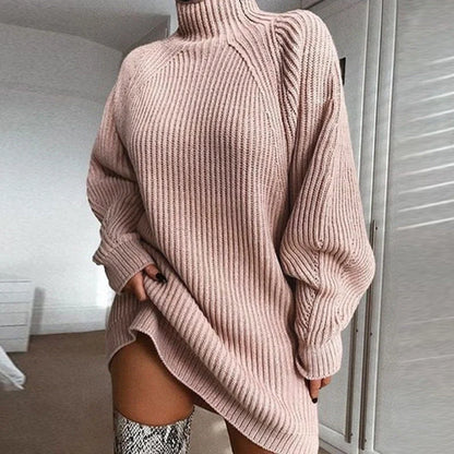 Cozy turtleneck sweater dress in various colors and styles for women, perfect for cold winter days