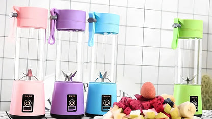 Portable blender with 400ml transparent cup, USB charging port, and 6 stainless steel blades