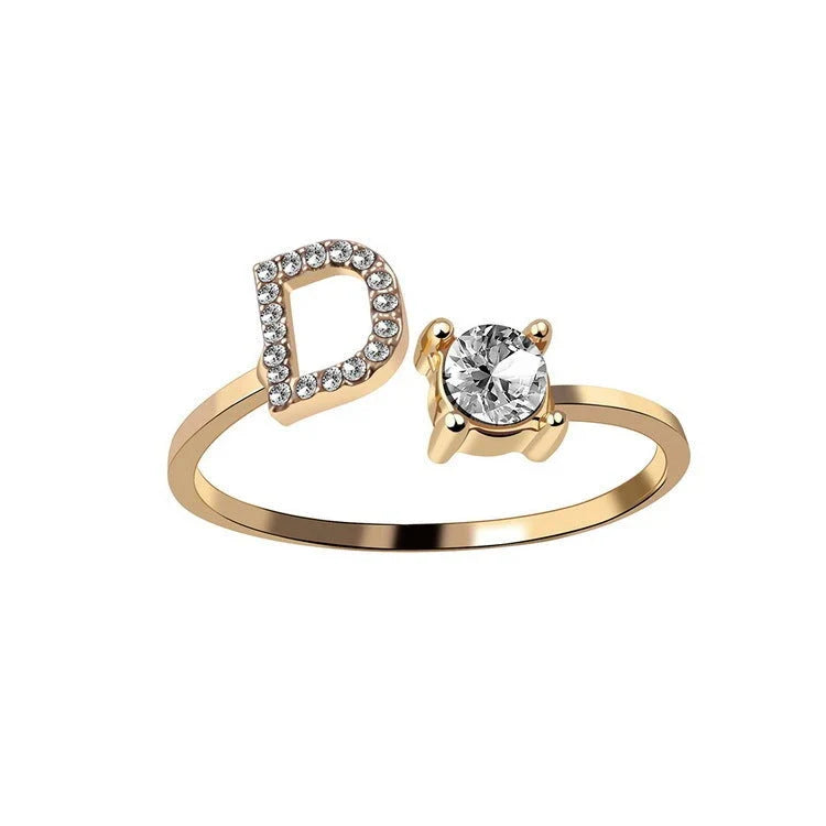 Personalized Initial Letter Adjustable Ring made of copper alloy and zircon, showcasing a vintage-inspired design