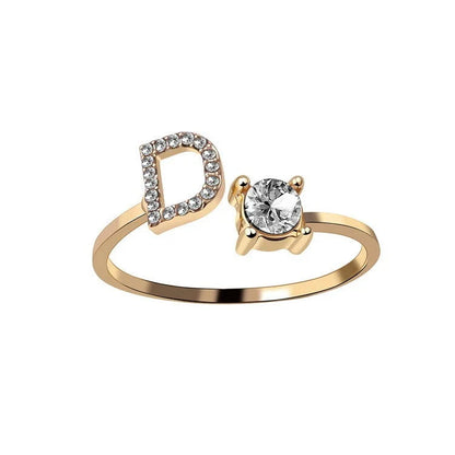 Personalized Initial Letter Adjustable Ring made of copper alloy and zircon, showcasing a vintage-inspired design