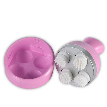 Blue electric scalp massager with four claw massage heads, IPX7 waterproof, rechargeable cradle base, 11x14cm