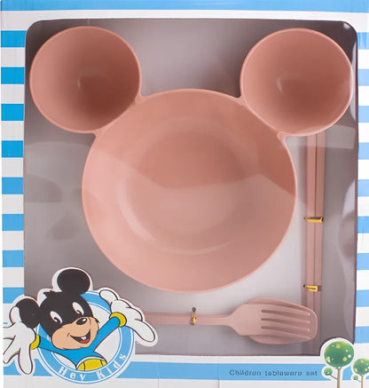 Mickey cartoon wheat straw children's bowl set with pink 21.5 cm bowl, spoon, fork, chopsticks - BPA-free biodegradable kids meal kit