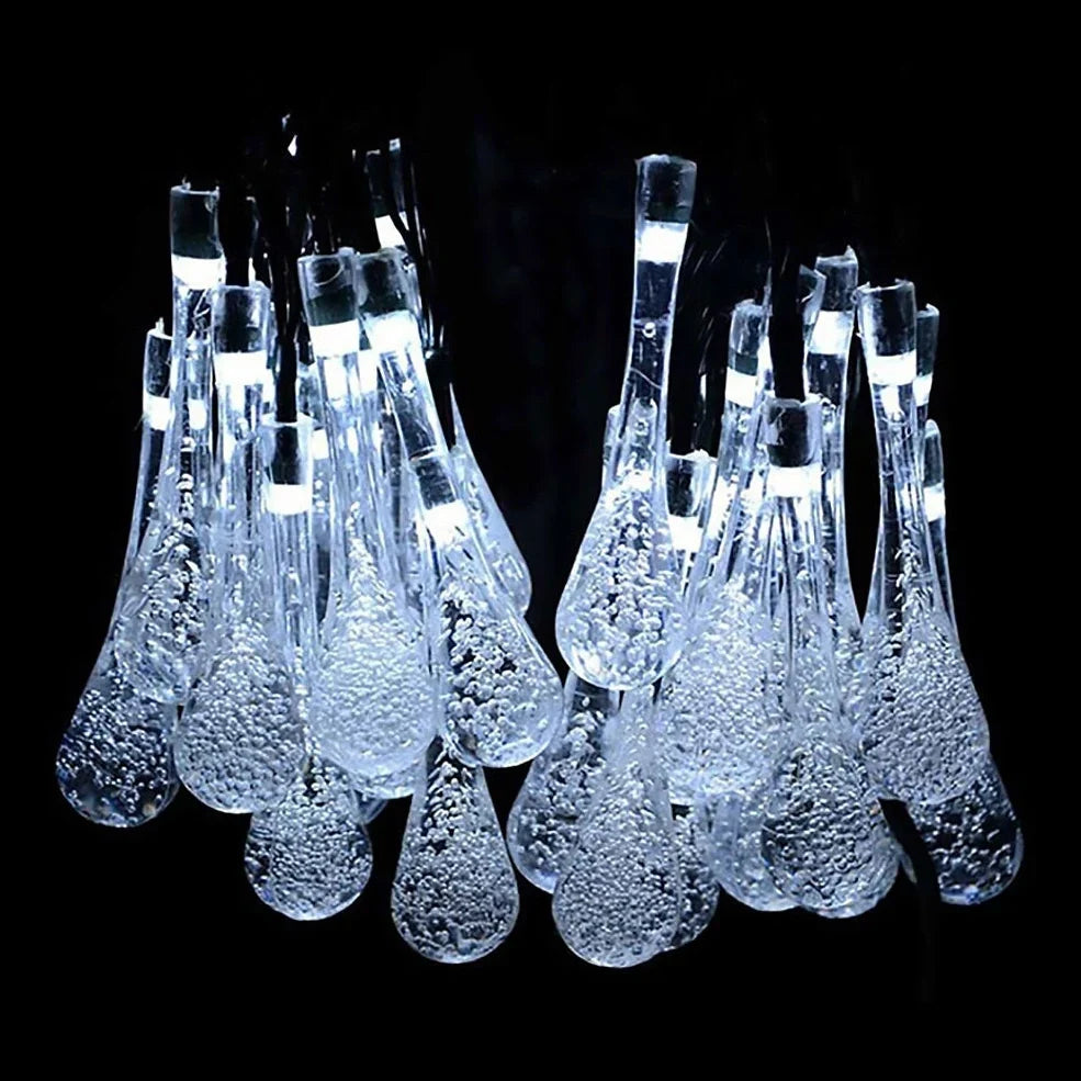 Water Drop Fairy LED solar garden lights with crystal-shaped beads on 4.8m string