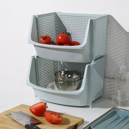 Multi-layer vegetable basket rack in light blue and light gray for efficient kitchen storage