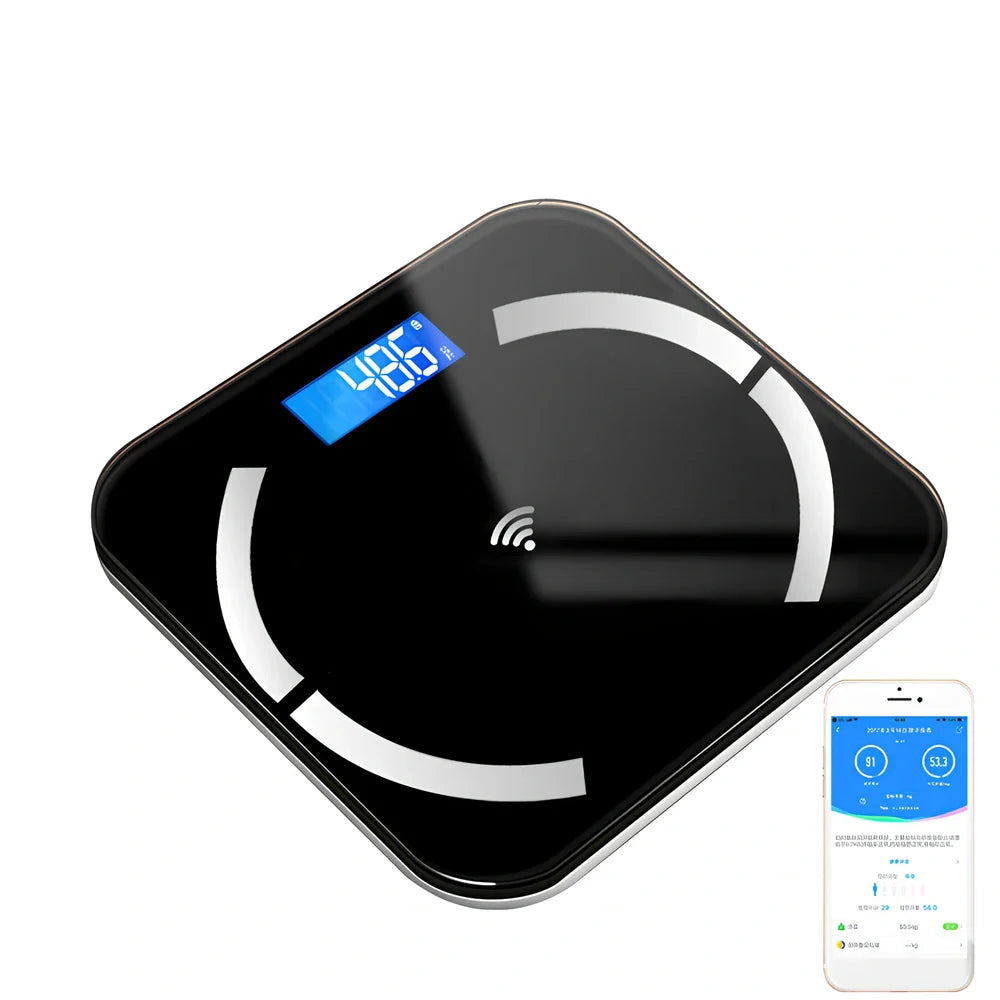 Youmei digital weight scale with 6mm tempered glass surface and blue backlit LCD display showing weight measurement