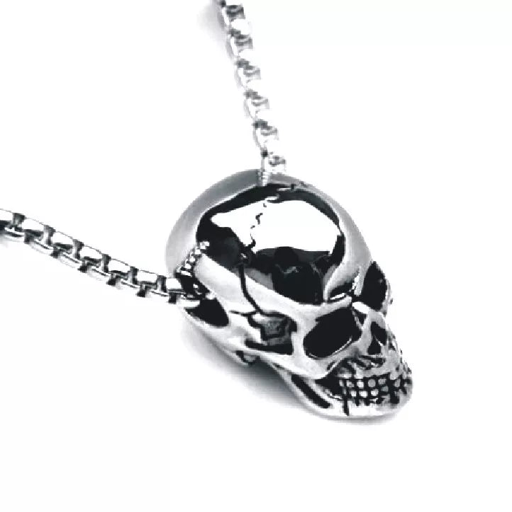 Men's titanium steel skull necklace with square pearl chain and metal pendant