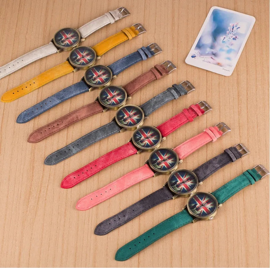 UK flag wrist watch with Union Jack dial, antique bronze finish, metal case and leather strap