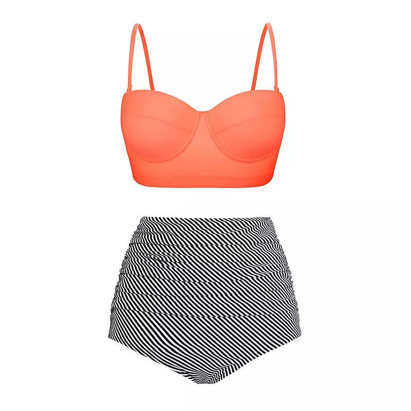 Retro floral high waist bikini set with push-up support for women