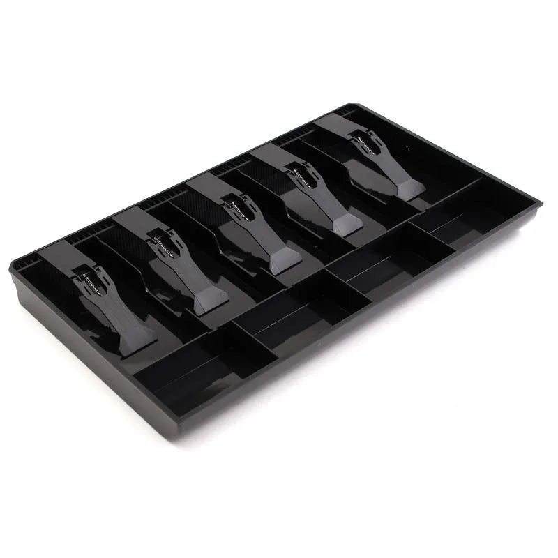 Black ABS plastic cash drawer box with a wallet design drawer for banknotes and coins.