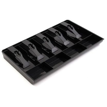 Black ABS plastic cash drawer box with a wallet design drawer for banknotes and coins.