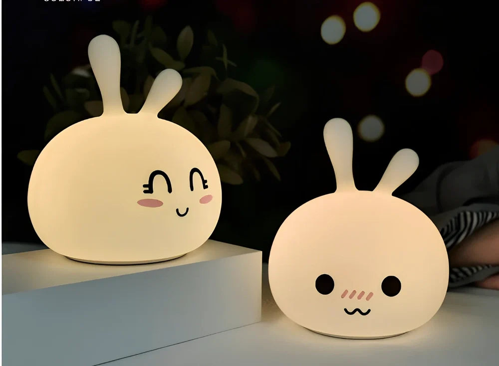 Marshmallow Bunny LED night light with shy and happy face expressions, 126x126x147mm dimensions