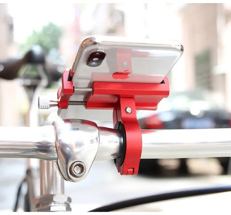 Aluminium alloy bicycle phone holder with 360-degree rotation on black handlebar