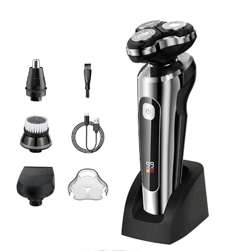 USB rechargeable beard trimmer with digital display and floating cutter head on five-in-one base bracket