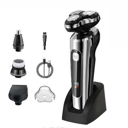 USB rechargeable beard trimmer with digital display and floating cutter head on five-in-one base bracket