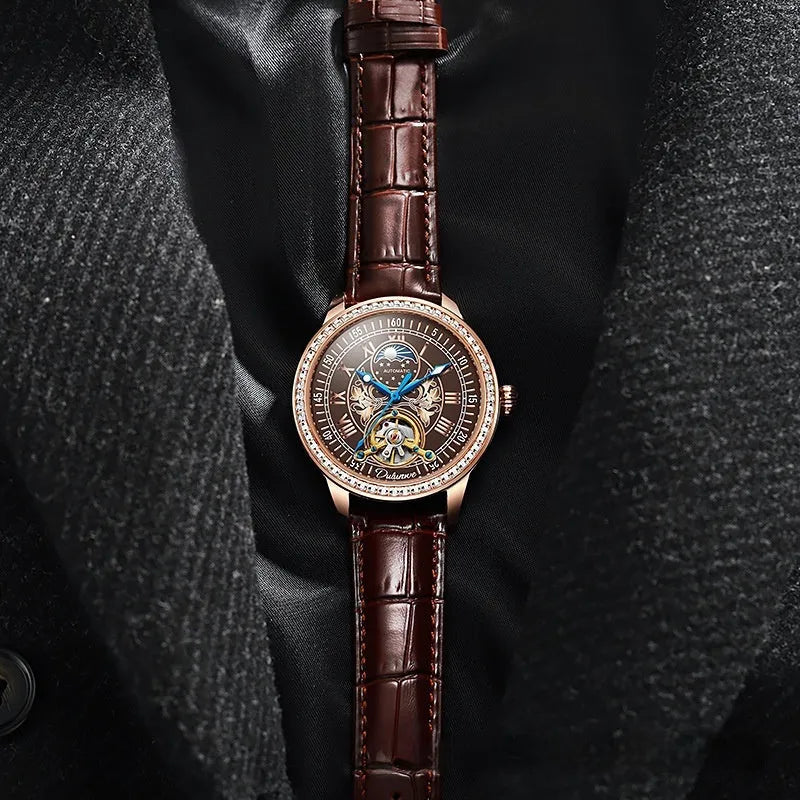 Men's waterproof mechanical watch with stainless steel case, 42mm dial, and butterfly buckle on wrist