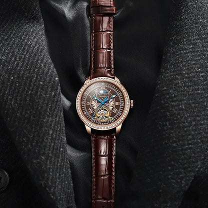 Men's waterproof mechanical watch with stainless steel case, 42mm dial, and butterfly buckle on wrist