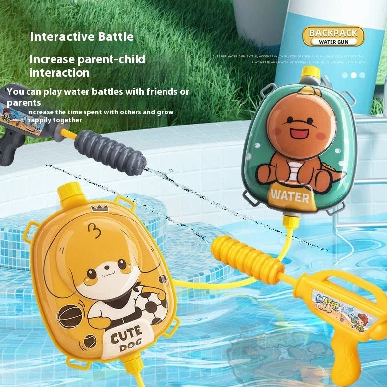 Children's backpack water gun with 1500ml capacity showing dinosaur character design and adjustable shoulder straps
