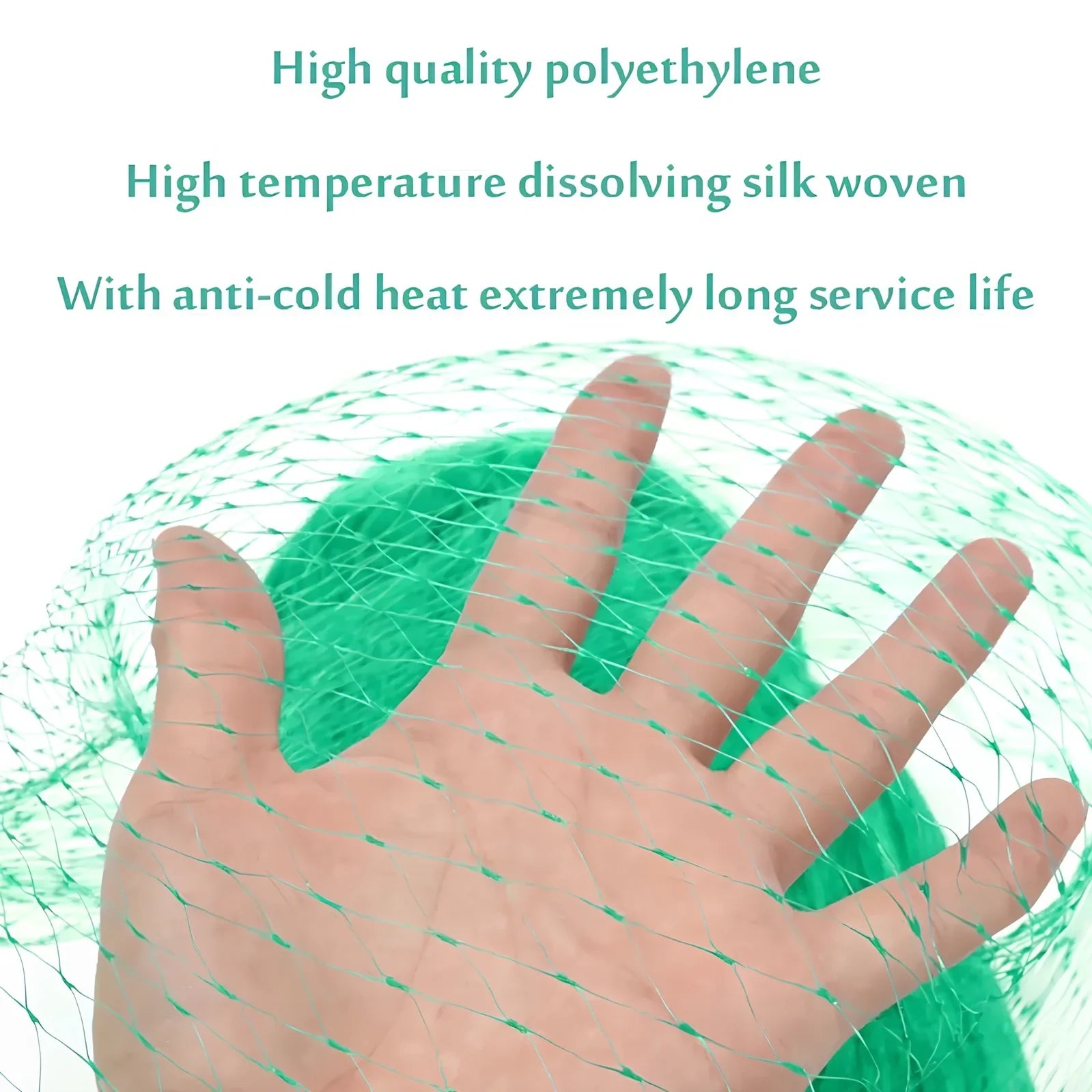 Green plastic garden bird net draped over plants showing mesh pattern and size options