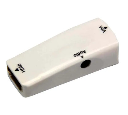 Black and white HDMI to VGA adapter converter showing compact connector block.