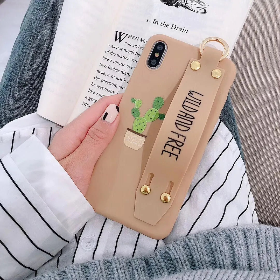 Green graffiti pattern wristband holder phone case for iPhone showing integrated wrist strap and back cover design