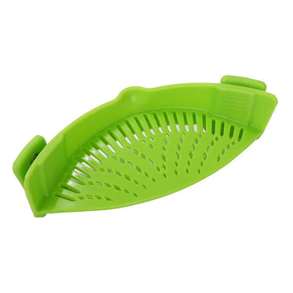 Silicone clip-on kitchen strainer with stainless steel frame attached to pot rim