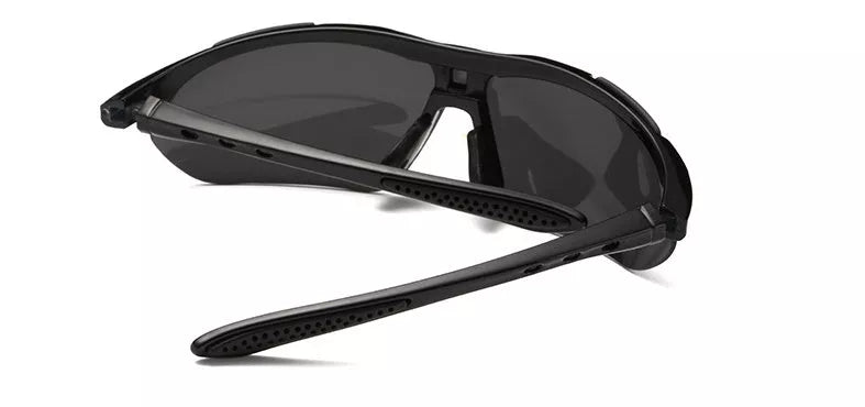 Cycling glasses with polarized lenses in black, red, blue, and white options