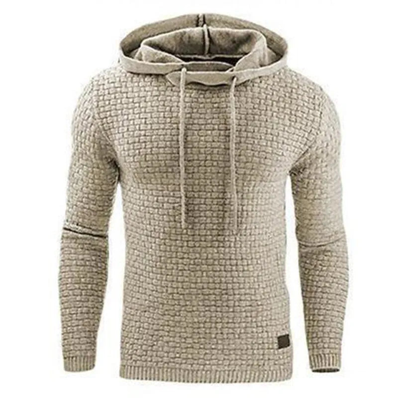 Man wearing a cotton-polyester blend hooded sweatshirt in grey, showing the front design and hood.
