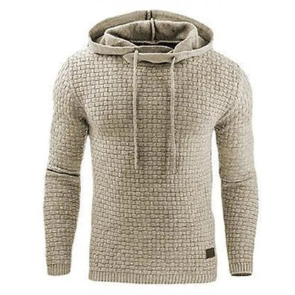 Man wearing a cotton-polyester blend hooded sweatshirt in grey, showing the front design and hood.