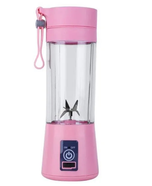 Pink portable USB electric fruit juicer blender cup with stainless steel blade and carry handle.
