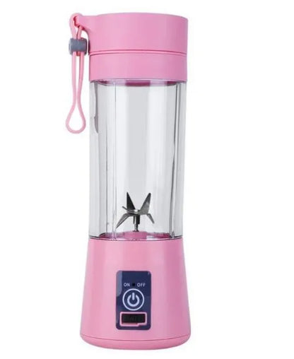 Pink portable USB electric fruit juicer blender cup with stainless steel blade and carry handle.