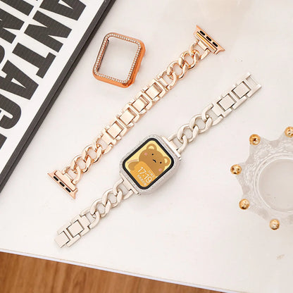 Silver metal link watch strap for Apple Watch with 22mm connectors on a grey background