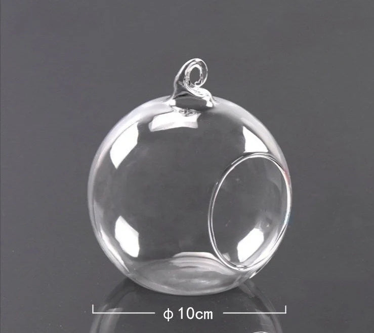 Transparent hand-blown glass vase container with flat bottom and hanging capability in four sizes